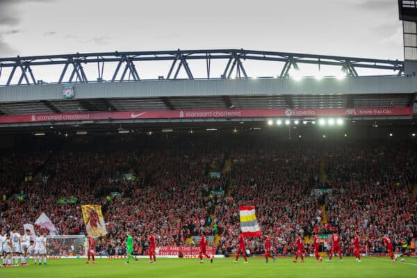 LIVERPOOL, ENGLAND - Monday, August 9, 2021: Liverpool's captain Roberto Firmino leads his side out before a pre-season friendly match between Liverpool FC and Club Atlético Osasuna at Anfield. (Pic by David Rawcliffe/Propaganda)