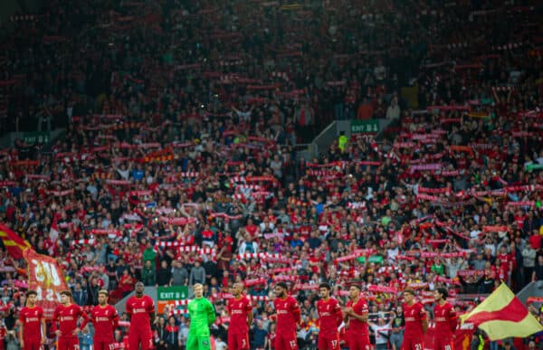 LIVERPOOL, ENGLAND - Monday, August 9, 2021: Liverpool supporters sing "You'll Never Walk Alone" before a pre-season friendly match between Liverpool FC and Club Atlético Osasuna at Anfield. (Pic by David Rawcliffe/Propaganda)