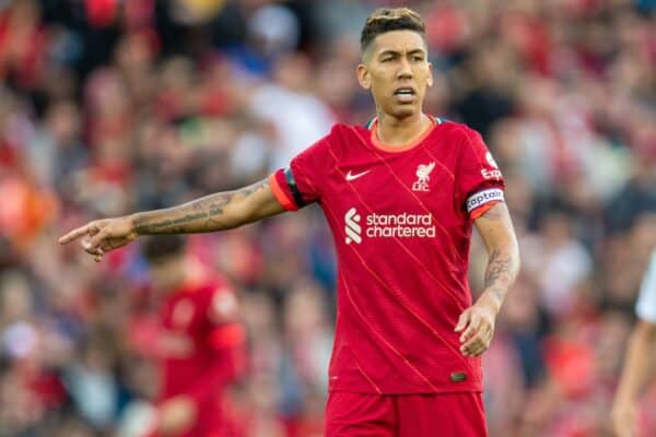 LIVERPOOL, ENGLAND - Monday, August 9, 2021: Liverpool's captain Roberto Firmino during a pre-season friendly match between Liverpool FC and Club Atlético Osasuna at Anfield. (Pic by David Rawcliffe/Propaganda)