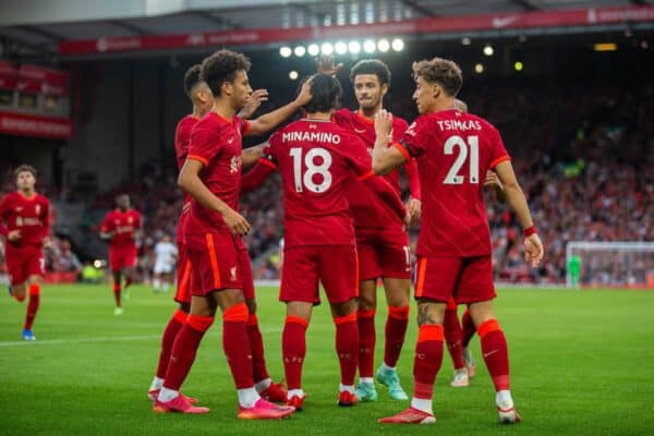 LIVERPOOL, ENGLAND - Monday, August 9, 2021: Liverpool's Takumi Minamino celebrates after scoring the first goal during a pre-season friendly match between Liverpool FC and Club Atlético Osasuna at Anfield. (Pic by David Rawcliffe/Propaganda)