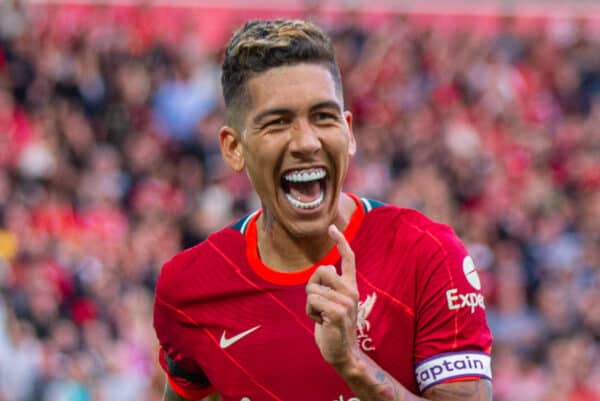 LIVERPOOL, ENGLAND - Monday, August 9, 2021: Liverpool's captain Roberto Firmino celebrates after scoring the second goal during a pre-season friendly match between Liverpool FC and Club Atlético Osasuna at Anfield. (Pic by David Rawcliffe/Propaganda)