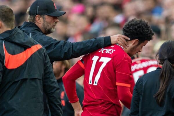 LIVERPOOL, ENGLAND - Monday, August 9, 2021: Liverpool's Curtis Jones is forced off with an injury during a pre-season friendly match between Liverpool FC and Club Atlético Osasuna at Anfield. (Pic by David Rawcliffe/Propaganda)