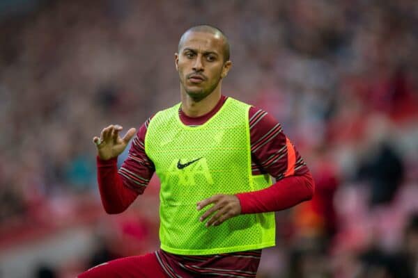 LIVERPOOL, ENGLAND - Monday, August 9, 2021: Liverpool's Thiago Alcantara warms-up during a pre-season friendly match between Liverpool FC and Club Atlético Osasuna at Anfield. (Pic by David Rawcliffe/Propaganda)