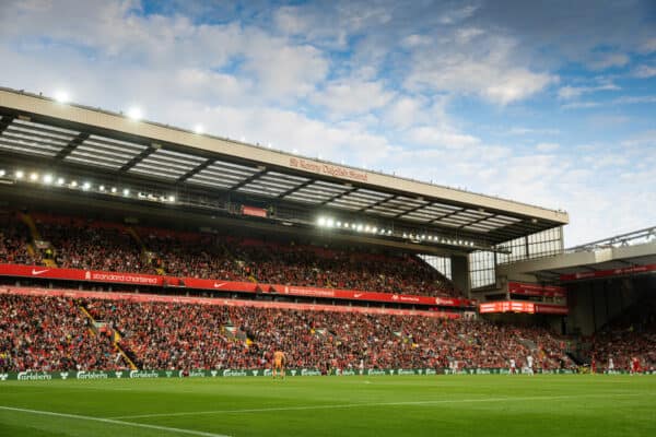 LIVERPOOL, ENGLAND - Monday, August 9, 2021: Supporters in the Kenny Dalglish stand during a pre-season friendly match between Liverpool FC and Club Atlético Osasuna at Anfield. (Pic by David Rawcliffe/Propaganda)