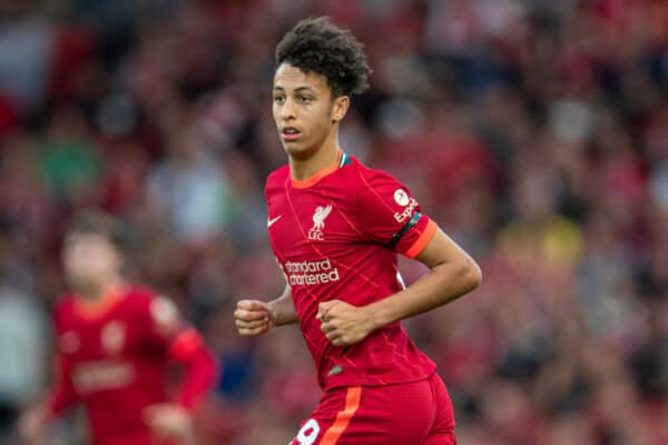 LIVERPOOL, ENGLAND - Monday, August 9, 2021: Liverpool's Kaide Gordon during a pre-season friendly match between Liverpool FC and Club Atlético Osasuna at Anfield. (Pic by David Rawcliffe/Propaganda)