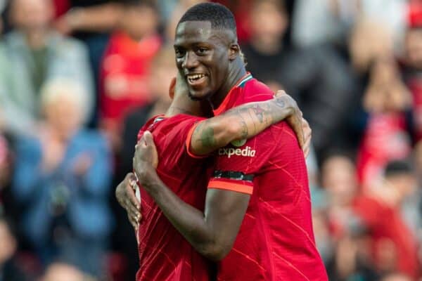 LIVERPOOL, ENGLAND - Monday, August 9, 2021: Liverpool's captain Roberto Firmino (L) celebrates after scoring the third goal, his second, with team-mate Ibrahima Konaté during a pre-season friendly match between Liverpool FC and Club Atlético Osasuna at Anfield. (Pic by David Rawcliffe/Propaganda)