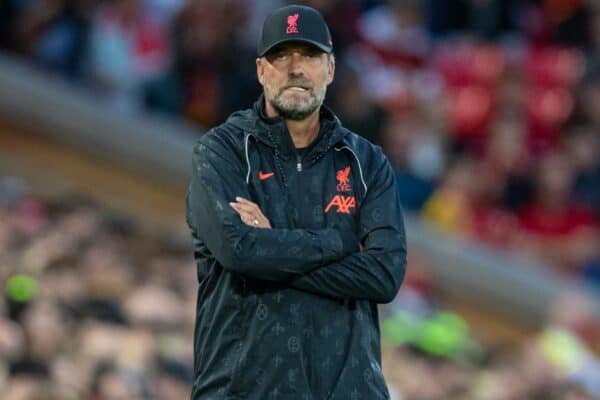 LIVERPOOL, ENGLAND - Monday, August 9, 2021: Liverpool's manager Jürgen Klopp during a pre-season friendly match between Liverpool FC and Club Atlético Osasuna at Anfield. (Pic by David Rawcliffe/Propaganda)