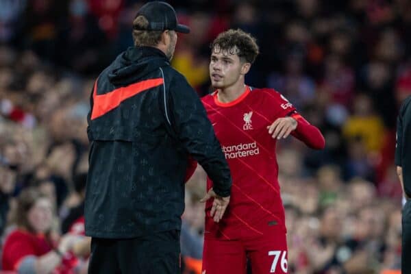 LIVERPOOL, ENGLAND - Monday, August 9, 2021: Liverpool's Neco Williams embraces manager Jürgen Klopp as he is substituted during a pre-season friendly match between Liverpool FC and Club Atlético Osasuna at Anfield. (Pic by David Rawcliffe/Propaganda)