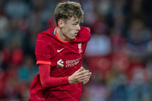 LIVERPOOL, ENGLAND - Monday, August 9, 2021: Liverpool's Conor Bradley during a pre-season friendly match between Liverpool FC and Club Atlético Osasuna at Anfield. (Pic by David Rawcliffe/Propaganda)