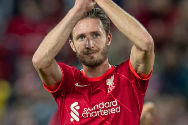 LIVERPOOL, ENGLAND - Monday, August 9, 2021: Liverpool's Ben Davies applauds the supporters after a pre-season friendly match between Liverpool FC and Club Atlético Osasuna at Anfield. (Pic by David Rawcliffe/Propaganda)