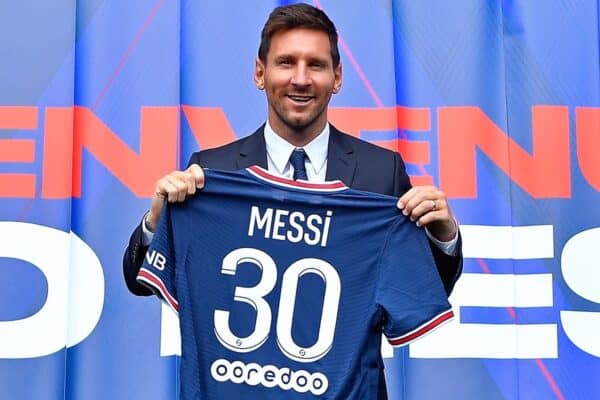 PARIS, FRANCE - Wednesday, August 11, 2021: Lionel Messi signs for Paris Saint-Germain Football Club from FC Barcelona, pictured at the Parc des Princes. (©PSG)