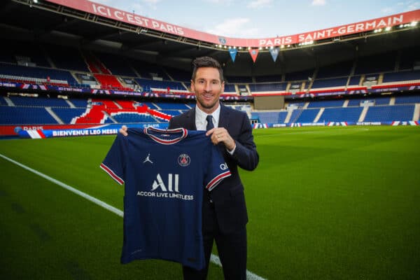 PARIS, FRANCE - Wednesday, August 11, 2021: Lionel Messi signs for Paris Saint-Germain Football Club from FC Barcelona, pictured at the Parc des Princes. (©PSG)