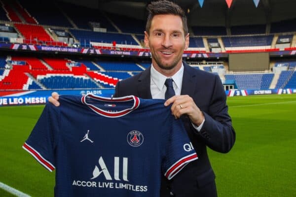 PARIS, FRANCE - Wednesday, August 11, 2021: Lionel Messi signs for Paris Saint-Germain Football Club from FC Barcelona, pictured at the Parc des Princes. (©PSG)