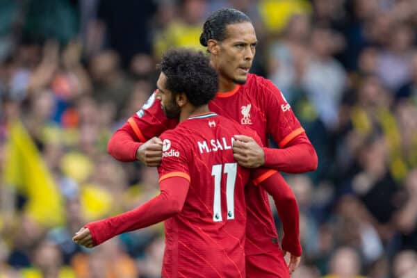 NORWICH, ENGLAND - Saturday, August 14, 2021: Liverpool's Virgil van Dijk (R) and Mohamed Salah (L) before the FA Premier League match between Norwich City FC and Liverpool FC at Carrow Road. (Pic by David Rawcliffe/Propaganda)