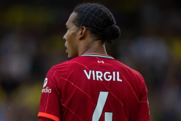 NORWICH, ENGLAND - Saturday, August 14, 2021: Liverpool's Virgil van Dijk during the FA Premier League match between Norwich City FC and Liverpool FC at Carrow Road. (Pic by David Rawcliffe/Propaganda)