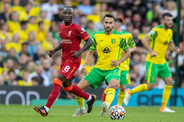 NORWICH, ENGLAND - Saturday, August 14, 2021: Liverpool's Naby Keita (L) during the FA Premier League match between Norwich City FC and Liverpool FC at Carrow Road. (Pic by David Rawcliffe/Propaganda)