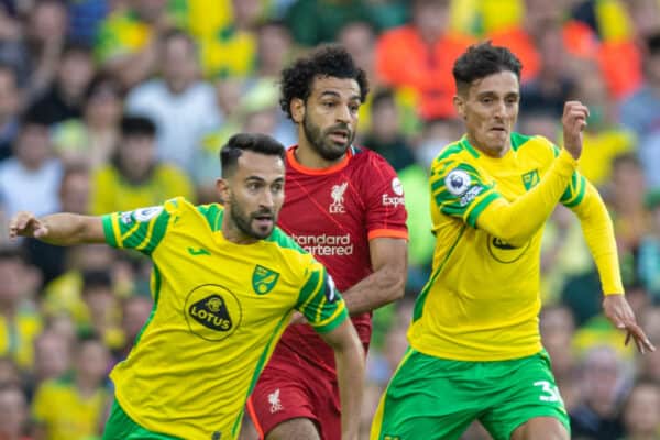 NORWICH, ENGLAND - Saturday, August 14, 2021: Liverpool's Mohamed Salah during the FA Premier League match between Norwich City FC and Liverpool FC at Carrow Road. (Pic by David Rawcliffe/Propaganda)