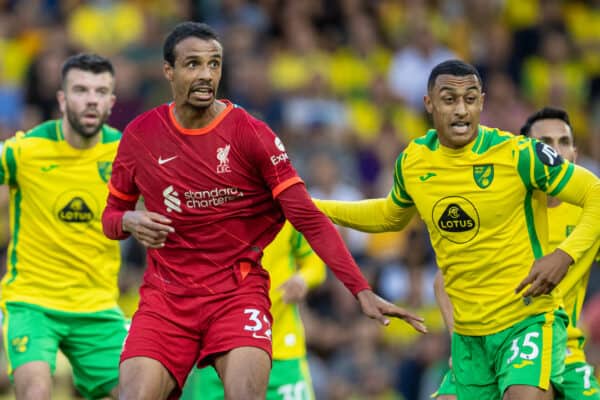 NORWICH, ENGLAND - Saturday, August 14, 2021: Liverpool's Joel Matip during the FA Premier League match between Norwich City FC and Liverpool FC at Carrow Road. (Pic by David Rawcliffe/Propaganda)