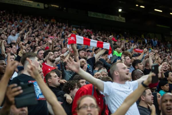 NORWICH, ENGLAND - Saturday, August 14, 2021: Liverpool supporters during the FA Premier League match between Norwich City FC and Liverpool FC at Carrow Road. (Pic by David Rawcliffe/Propaganda)