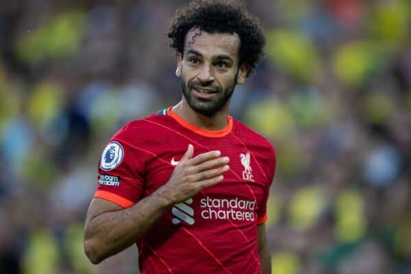 NORWICH, ENGLAND - Saturday, August 14, 2021: Liverpool's Mohamed Salah during the FA Premier League match between Norwich City FC and Liverpool FC at Carrow Road. (Pic by David Rawcliffe/Propaganda)