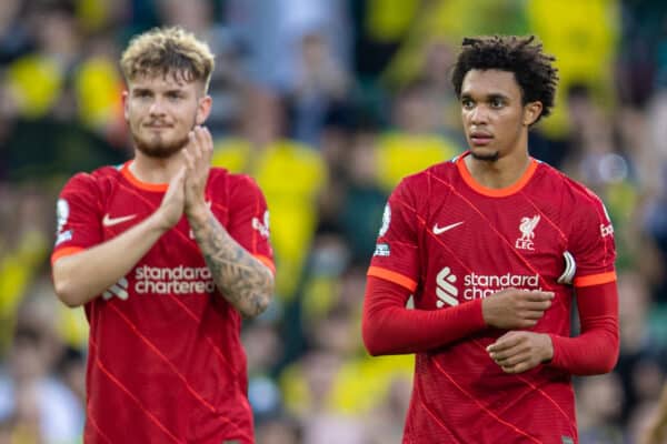 NORWICH, ENGLAND - Saturday, August 14, 2021: Liverpool's Harvey Elliott (L) and Trent Alexander-Arnold after the FA Premier League match between Norwich City FC and Liverpool FC at Carrow Road. (Pic by David Rawcliffe/Propaganda)