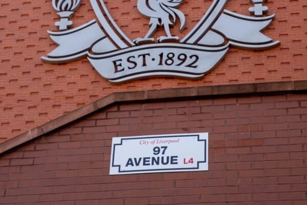 LIVERPOOL, ENGLAND - Friday, August 20, 2021: The renamed 97 Avenue at Anfield. Formerly 96 Avenue it was renamed following the death of Liverpools supporter Andrew Devine who became the 97th victim of the Hillsborough Stadium Disaster. (Pic by David Rawcliffe/Propaganda)