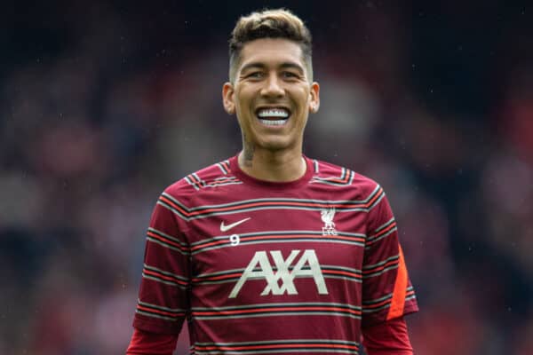 LIVERPOOL, ENGLAND - Saturday, August 21, 2021: Liverpool's Roberto Firmino during the pre-match warm-up before the FA Premier League match between Liverpool FC and Burnley FC at Anfield. Liverpool won 2-0. (Pic by David Rawcliffe/Propaganda)