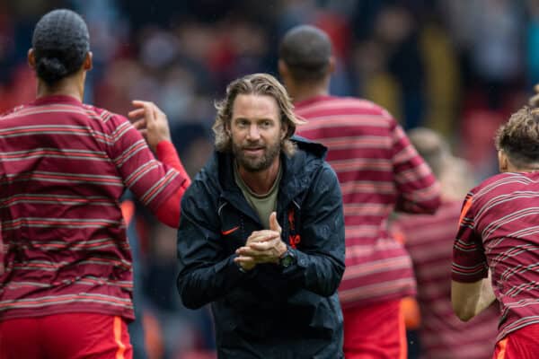 LIVERPOOL, ENGLAND - Saturday, August 21, 2021: Liverpool's head of fitness and conditioning Andreas Kornmayer during the pre-match warm-up before the FA Premier League match between Liverpool FC and Burnley FC at Anfield. Liverpool won 2-0. (Pic by David Rawcliffe/Propaganda)