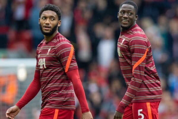 LIVERPOOL, ENGLAND - Saturday, August 21, 2021: Liverpool's Joe Gomez and Ibrahima Konaté during the pre-match warm-up before the FA Premier League match between Liverpool FC and Burnley FC at Anfield. Liverpool won 2-0. (Pic by David Rawcliffe/Propaganda)