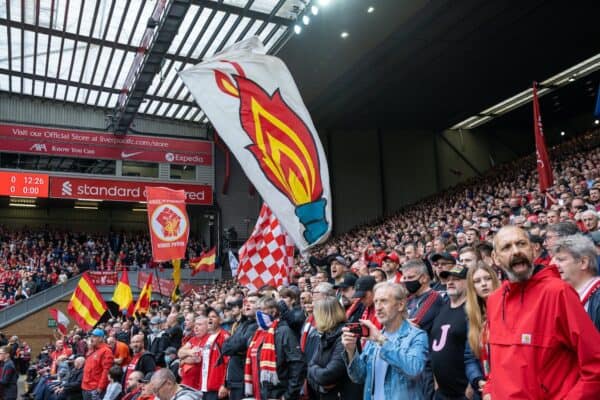 LIVERPOOL, ENGLAND - Saturday, August 21, 2021: Liverpool supporters' flag of the Hillsborough memorial eternal flame before the FA Premier League match between Liverpool FC and Burnley FC at Anfield. Liverpool won 2-0. (Pic by David Rawcliffe/Propaganda)