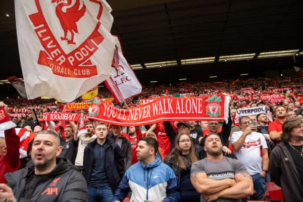 LIVERPOOL, ENGLAND - Saturday, August 21, 2021: Liverpool supporters on the Spion Kop sing "You'll Never Walk Alone" before the FA Premier League match between Liverpool FC and Burnley FC at Anfield. Liverpool won 2-0. (Pic by David Rawcliffe/Propaganda)