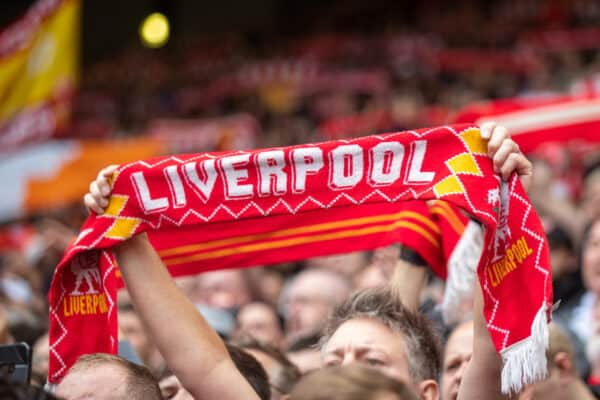 LIVERPOOL, ENGLAND - Saturday, August 21, 2021: Liverpool supporters on the Spion Kop sing "You'll Never Walk Alone" before the FA Premier League match between Liverpool FC and Burnley FC at Anfield. Liverpool won 2-0. (Pic by David Rawcliffe/Propaganda)