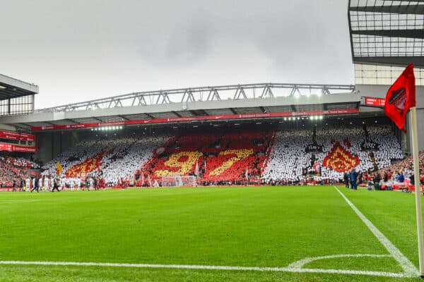 LIVERPOOL, ENGLAND - Saturday, August 21, 2021: Liverpool supporters on the Spion Kop pay tribute with a mosaic to Andrew Devine who became the 97th victim of the Hillsborough Stadium Disaster during the FA Premier League match between Liverpool FC and Burnley FC at Anfield. Liverpool won 2-0. (Pic by David Rawcliffe/Propaganda)