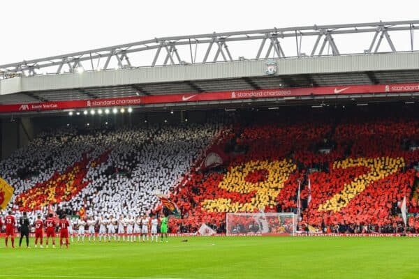 LIVERPOOL, ENGLAND - Saturday, August 21, 2021: Liverpool supporters on the Spion Kop pay tribute with a mosaic to Andrew Devine who became the 97th victim of the Hillsborough Stadium Disaster during the FA Premier League match between Liverpool FC and Burnley FC at Anfield. Liverpool won 2-0. (Pic by David Rawcliffe/Propaganda)