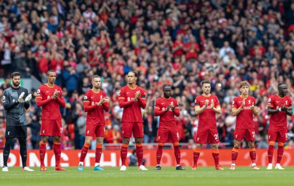 LIVERPOOL, ENGLAND - Saturday, August 21, 2021: Liverpool players stand for a moments' applause, to remember supporters and former players who died during the Covid-19 pandemic and also for Andrew Devine who became the 97th victium of the Hillsborough Stadium Disaster, before the FA Premier League match between Liverpool FC and Burnley FC at Anfield. Liverpool won 2-0. (Pic by David Rawcliffe/Propaganda)