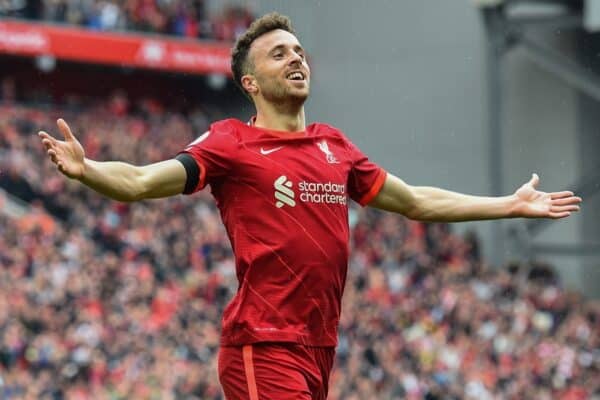 LIVERPOOL, ENGLAND - Saturday, August 21, 2021: Liverpool's Diogo Jota celebrates after scoring the first goal during the FA Premier League match between Liverpool FC and Burnley FC at Anfield. Liverpool won 2-0. (Pic by David Rawcliffe/Propaganda)