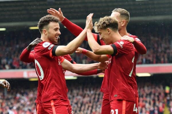 LIVERPOOL, ENGLAND - Saturday, August 21, 2021: Liverpool's Diogo Jota celebrates after scoring the first goal during the FA Premier League match between Liverpool FC and Burnley FC at Anfield. Liverpool won 2-0. (Pic by David Rawcliffe/Propaganda)