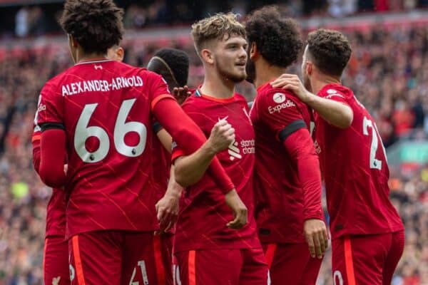 LIVERPOOL, ENGLAND - Saturday, August 21, 2021: Liverpool's Mohamed Salah (2nd from R) celebrates with team-mates Harvey Elliott (L) and Diogo Jota (R) after scoring a second goal, but it was disallowed following a VAR review, during the FA Premier League match between Liverpool FC and Burnley FC at Anfield. Liverpool won 2-0. (Pic by David Rawcliffe/Propaganda)