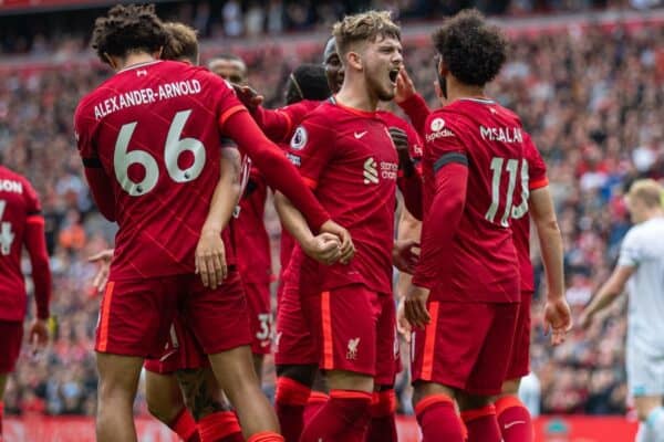 LIVERPOOL, ENGLAND - Saturday, August 21, 2021: Liverpool's Mohamed Salah (R) celebrates with team-mate Harvey Elliott (C) after scoring a second goal, but it was disallowed following a VAR review, during the FA Premier League match between Liverpool FC and Burnley FC at Anfield. Liverpool won 2-0. (Pic by David Rawcliffe/Propaganda)