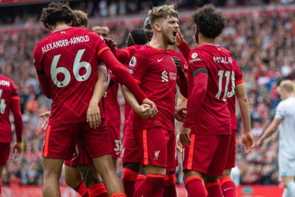 LIVERPOOL, ENGLAND - Saturday, August 21, 2021: Liverpool's Mohamed Salah (R) celebrates with team-mate Harvey Elliott (C) after scoring a second goal, but it was disallowed following a VAR review, during the FA Premier League match between Liverpool FC and Burnley FC at Anfield. Liverpool won 2-0. (Pic by David Rawcliffe/Propaganda)