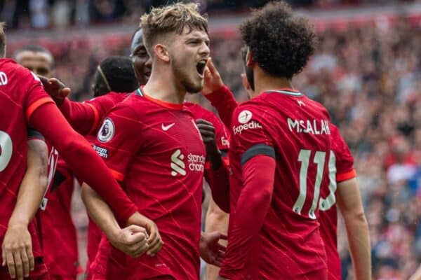 LIVERPOOL, ENGLAND - Saturday, August 21, 2021: Liverpool's Mohamed Salah (R) celebrates with team-mate Harvey Elliott (C) after scoring a second goal, but it was disallowed following a VAR review, during the FA Premier League match between Liverpool FC and Burnley FC at Anfield. Liverpool won 2-0. (Pic by David Rawcliffe/Propaganda)