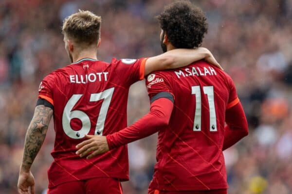 LIVERPOOL, ENGLAND - Saturday, August 21, 2021: Liverpool's Mohamed Salah (R) celebrates with team-mate Harvey Elliott (L) a second goal, but it was disallowed following a VAR review, during the FA Premier League match between Liverpool FC and Burnley FC at Anfield. Liverpool won 2-0. (Pic by David Rawcliffe/Propaganda)