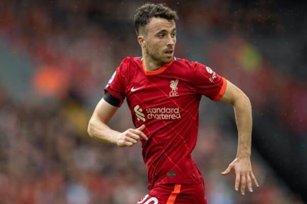 LIVERPOOL, ENGLAND - Saturday, August 21, 2021: Liverpool's Diogo Jota during the FA Premier League match between Liverpool FC and Burnley FC at Anfield. Liverpool won 2-0. (Pic by David Rawcliffe/Propaganda)