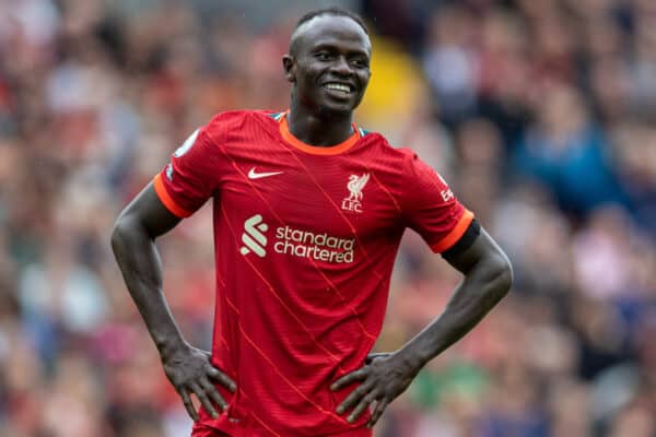 LIVERPOOL, ENGLAND - Saturday, August 21, 2021: Liverpool's Sadio Mané smiles during the FA Premier League match between Liverpool FC and Burnley FC at Anfield. Liverpool won 2-0. (Pic by David Rawcliffe/Propaganda)