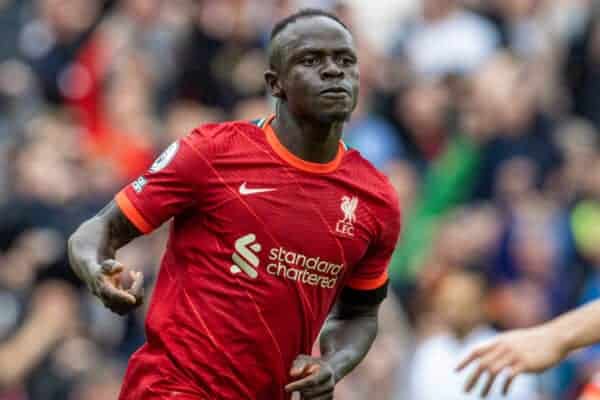 LIVERPOOL, ENGLAND - Saturday, August 21, 2021: Liverpool's Sadio Mané celebrates after scoring the second goal during the FA Premier League match between Liverpool FC and Burnley FC at Anfield. Liverpool won 2-0. (Pic by David Rawcliffe/Propaganda)