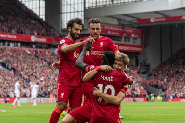 LIVERPOOL, ENGLAND - Saturday, August 21, 2021: Liverpool's Sadio Mané (#10) celebrates with team-mates Mohamed Salah (L), Diogo Jota (C) and Kostas Tsimikas (R) after scoring the second goal during the FA Premier League match between Liverpool FC and Burnley FC at Anfield. Liverpool won 2-0. (Pic by David Rawcliffe/Propaganda)