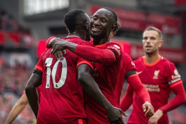 LIVERPOOL, ENGLAND - Saturday, August 21, 2021: Liverpool's Sadio Mané (#10) celebrates with team-mate Naby Keita (R) after scoring the second goal during the FA Premier League match between Liverpool FC and Burnley FC at Anfield. Liverpool won 2-0. (Pic by David Rawcliffe/Propaganda)