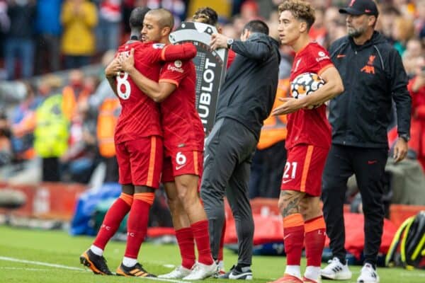 LIVERPOOL, ENGLAND - Saturday, August 21, 2021: Liverpool's Naby Keita is replaced by substitute Thiago Alcantara during the FA Premier League match between Liverpool FC and Burnley FC at Anfield. Liverpool won 2-0. (Pic by David Rawcliffe/Propaganda)