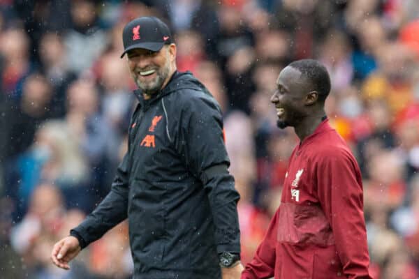 LIVERPOOL, ENGLAND - Saturday, August 21, 2021: Liverpool's manager Jürgen Klopp (L) and Naby Keita after the FA Premier League match between Liverpool FC and Burnley FC at Anfield. Liverpool won 2-0. (Pic by David Rawcliffe/Propaganda)