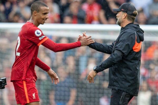 LIVERPOOL, ENGLAND - Saturday, August 21, 2021: Liverpool's manager Jürgen Klopp (R) and Joel Matip after the FA Premier League match between Liverpool FC and Burnley FC at Anfield. Liverpool won 2-0. (Pic by David Rawcliffe/Propaganda)